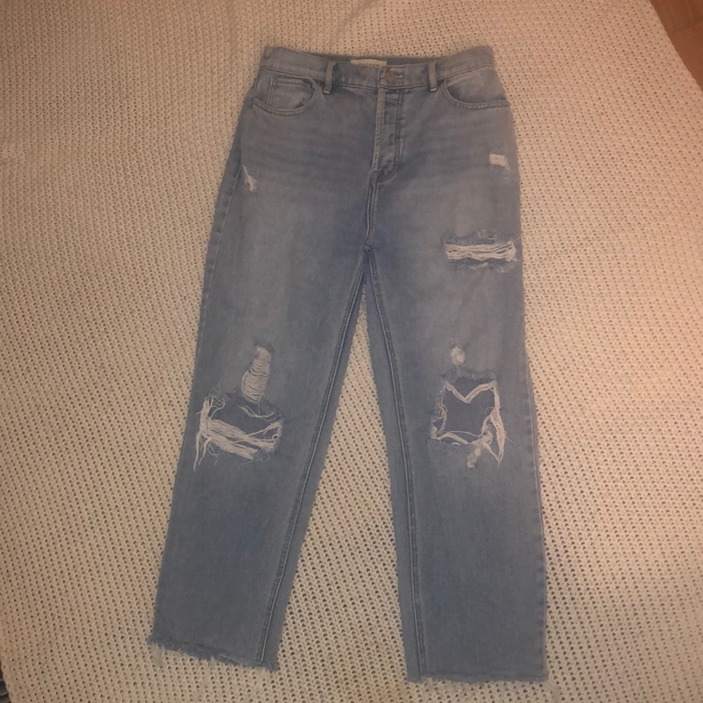 High waisted straight leg distressed mom jeans